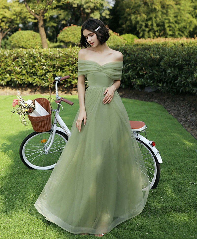 Simple green tulle long prom dress ...